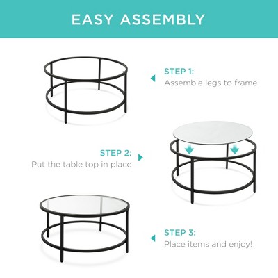 Elegant 36in Round Black Tempered Glass Coffee Table with Metal Frame