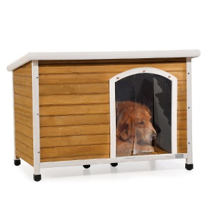 Lyngins Weather-Resistant Cedar Wood Dog House with Elevated Floor & PVC Door Curtain, Dog Kennel for Medium Dogs, Large Wooden Outdoor Dog Crate - 1 of 4