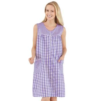 Collections Etc Half-Zip Front Sleeveless Pocket Dress with Checkered Pattern Design, Comfortable Loungewear for Around the House