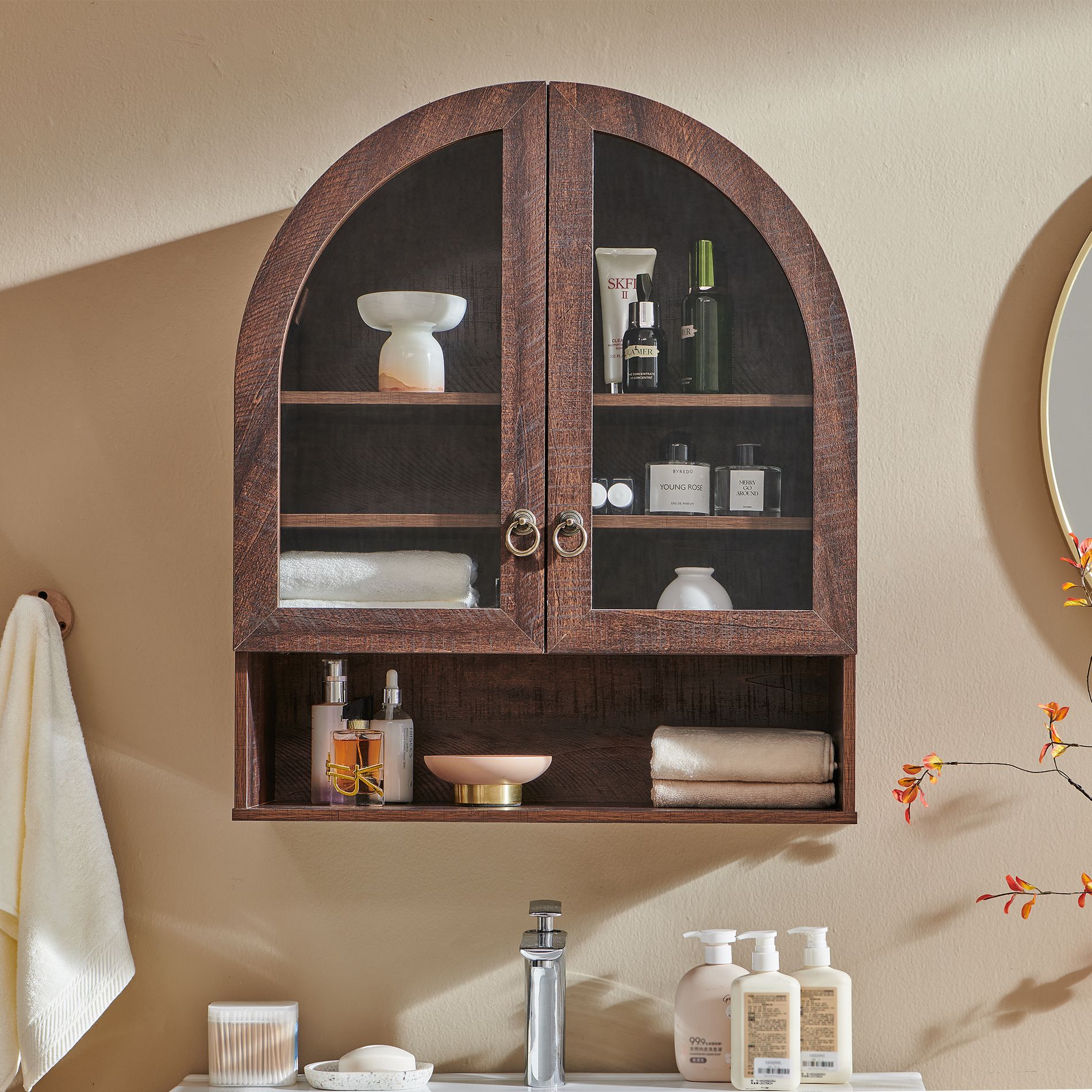 Arched Bathroom Wall Cabinet with Drawer,  28" Modern Medicine Cabinet with Adjustable Shelves, Over-Toilet Storage