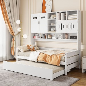 Twin Size Wooden Daybed with Twin Size Trundle, All-in-One Cabinet and Shelf - 1 of 4