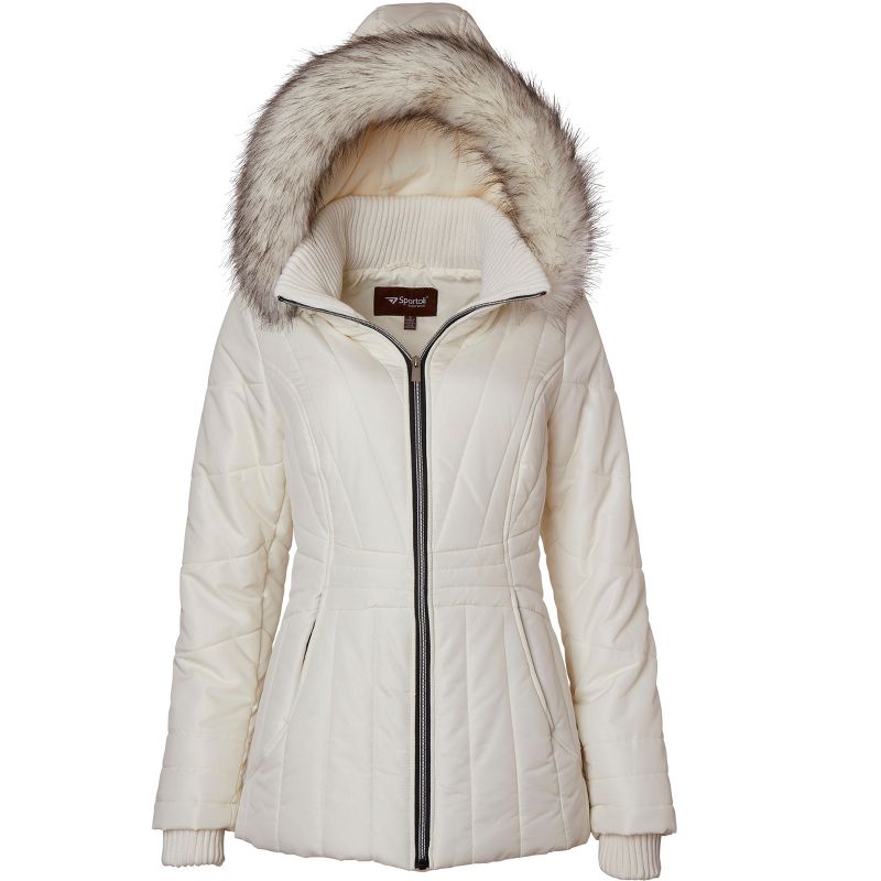 Sportoli Womens Winter Coat Faux Fur Trim Hooded Down Alternative Puffer Jacket, 4 of 5