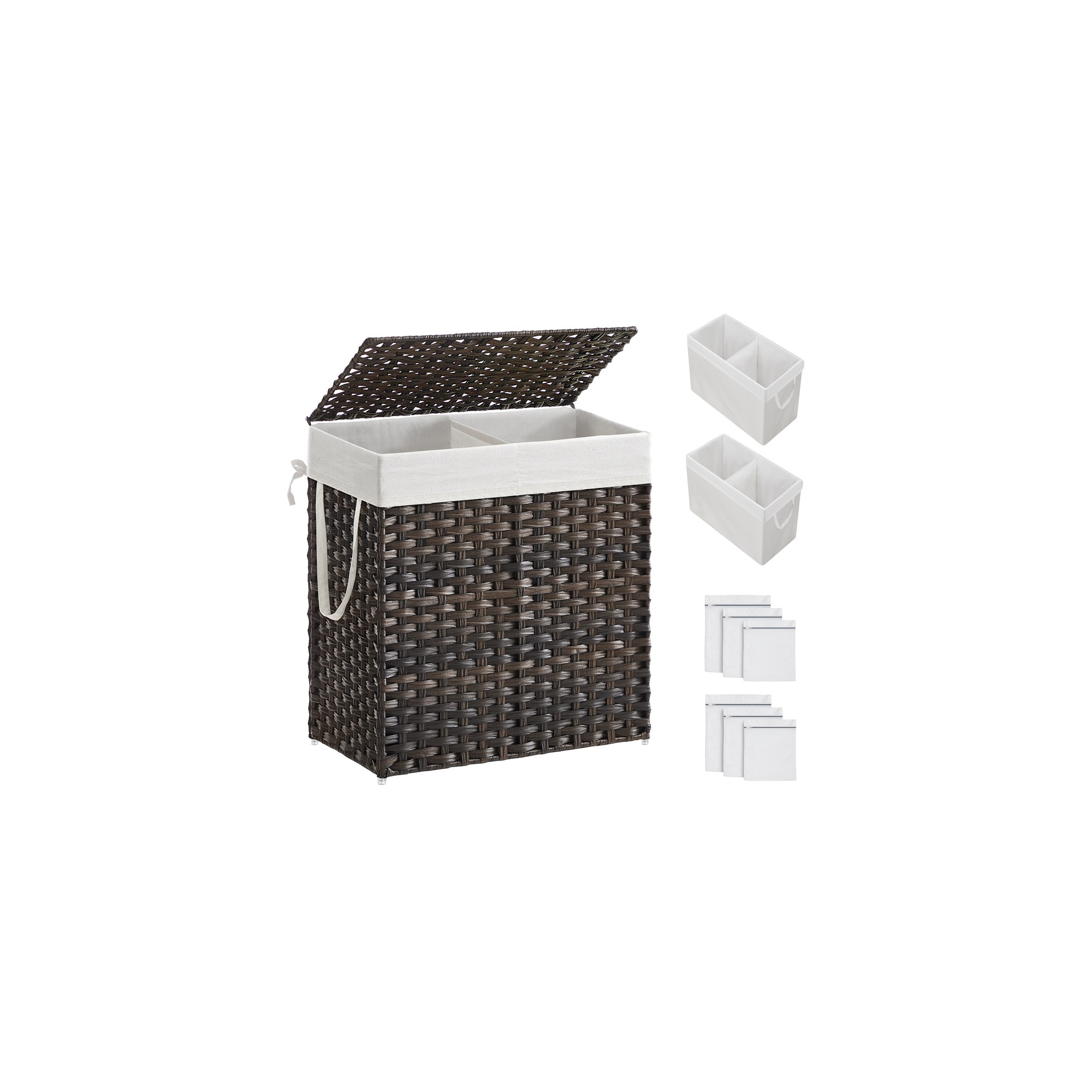 SONGMICS 110L Laundry Hamper with Lid Clothes Hamper with 2 Removable Liner Bags & 6 Mesh Bags Brown