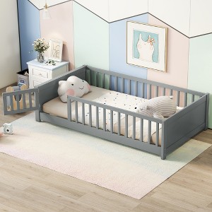 TIRAMISUBEST Twin size Floor Platform Bed with Built-in Book Storage Rack, Pine Wood Floor Bed Montessori Bed Toddler Bed with Slats Support - 1 of 4