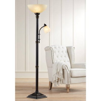 Bronze Adjustable Torchiere Floor Lamp with Amber Glass Shades
