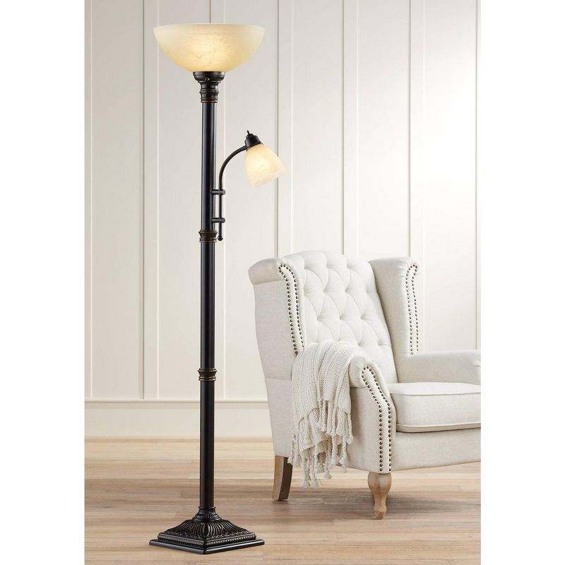 Regency Hill Garver Rustic Retro Torchiere Floor Lamp 72 1/2" Tall Oil Rubbed Bronze with Side Light Amber Glass Shade for Living Room Reading Bedroom, 3 of 11
