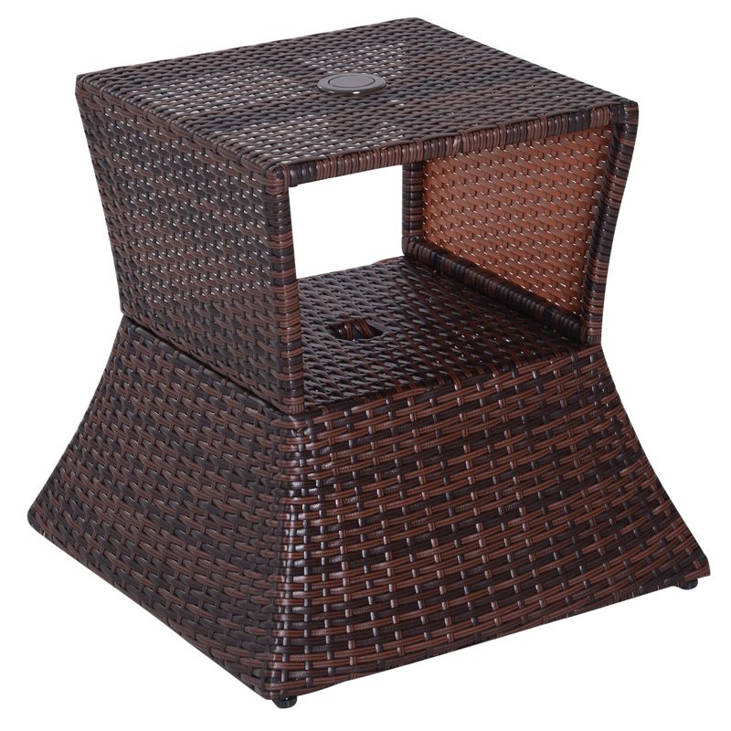 Outsunny Rattan Wicker Side Table with Umbrella Hole, 2 Tier Storage Shelf for All Weather for Outdoor, Patio, Garden, Backyard, 1 of 8