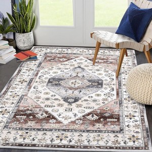 Washable Vintage Medallion Rug Non Slip Oriental Carpet Soft Low Pile Foldable Floor Cover for Living Room Bedroom Dining Room, Brown - 1 of 4