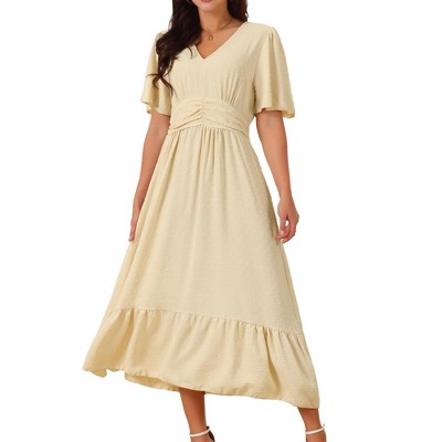 Seta T Women's Boho Ruffle Short Sleeve V Neck Swiss Dots Tiered Midi Dress