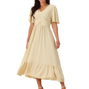 Seta T Women's Boho Ruffle Short Sleeve V Neck Swiss Dots Tiered Midi Dress - 1 of 4