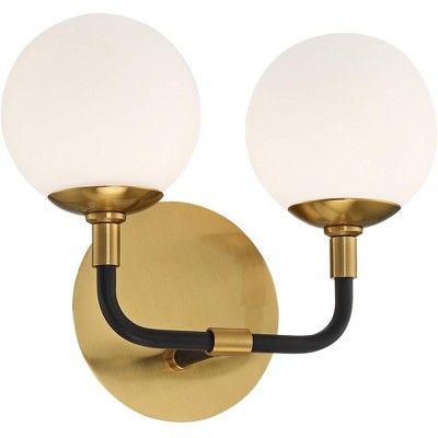 Possini Euro Design Mid Century Wall Light Sconce LED Brass Black Hardwired 9 1/4" High 2-Light Fixture Frosted Glass for Bedroom