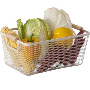 Basicwise Multipurpose Metal Mesh Basket with Wooden Handle Storage Organizers for Kitchen, Bathroom, Cabinet, and Closet - 1 of 4