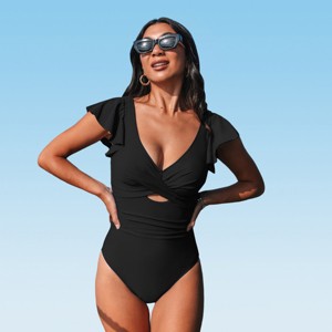 Women's Tummy Control V Neck Ruffled Sleeve Ruched Cutout One Piece Swimsuit (XS-XXL) -Cupshe - 1 of 3