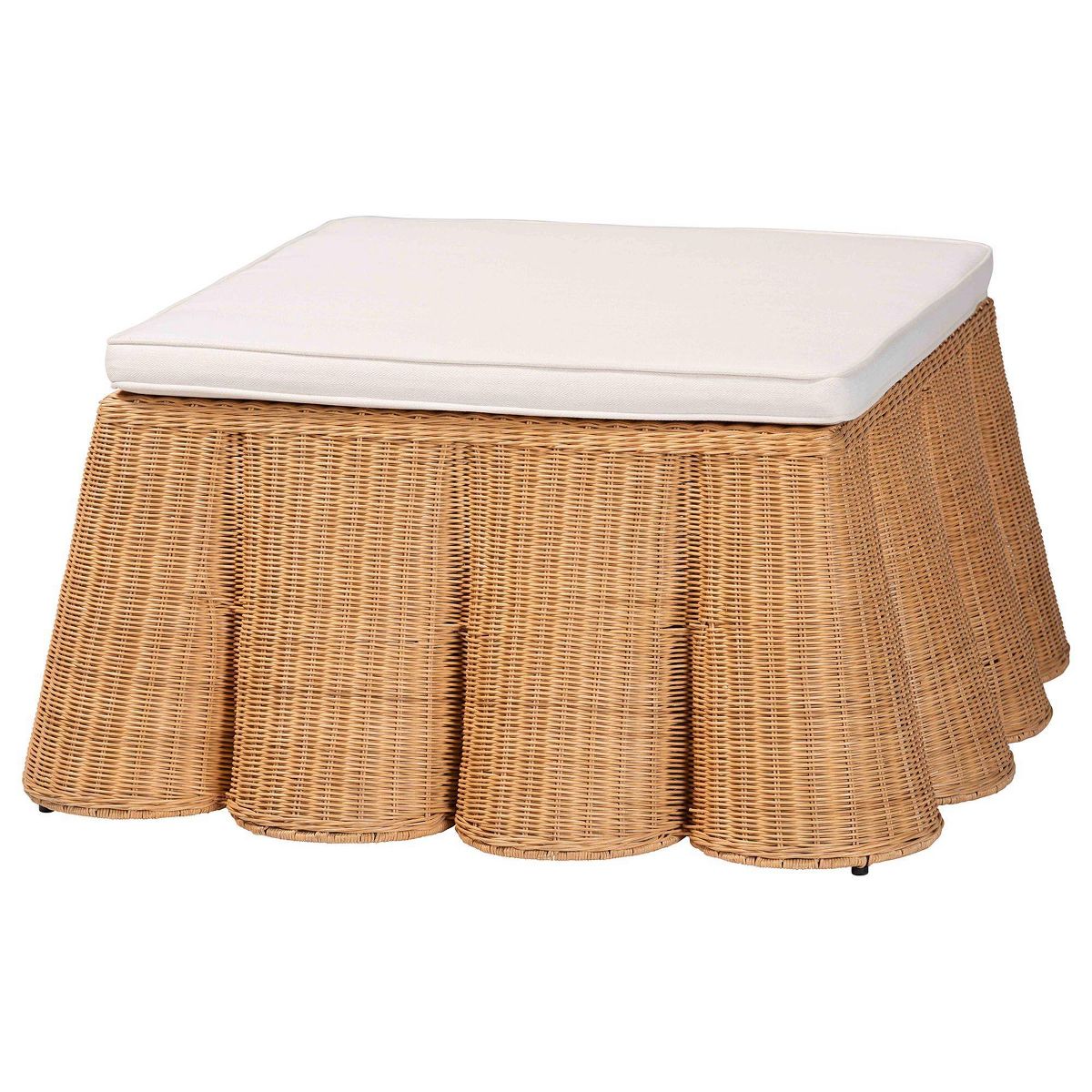 bali & pari Palm Scallop Natural Rattan Square Ottoman with Cushion Light Honey
