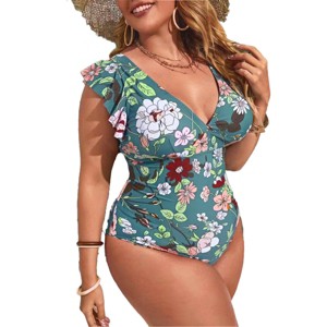 Womens One Piece Swimsuits Plus Size V Neck Swimsuits with Ruffle Cap Floral V Back Swimsuits Bathing Suits for Plus Size Women - 1 of 4