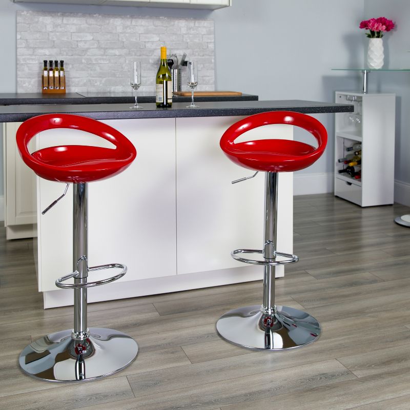 Emma and Oliver 2 Pack Contemporary Plastic Adjustable Height Barstool with Rounded Cutout Back and Chrome Base, 2 of 12