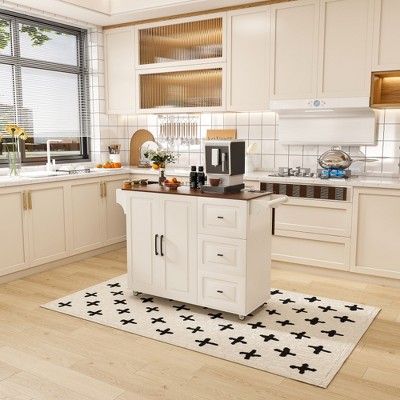 JUJABU 53.54'' White Kitchen Island Cart with Drop Leaf, Storage Shelves, Wheels and Wood Top