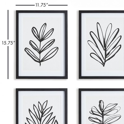 Black and White Sketched Leaf Prints Set of 4