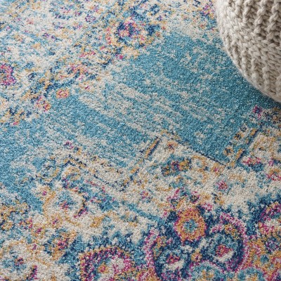 Light Blue Geometric Synthetic Medium Round Rug