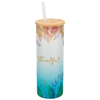 Elanze Designs Thankful Pastel Watercolor Autumn Leaves Wrap-Around Design 25 Ounce Frosted Gradient Glass On-The-Go Coffee Travel Skinny Tumbler Mug