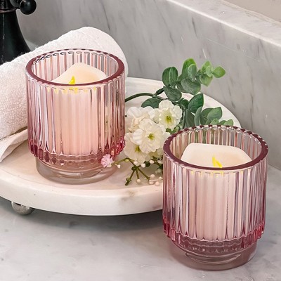 Blush Pink Ribbed Glass Votive Candle Holders Set of 6