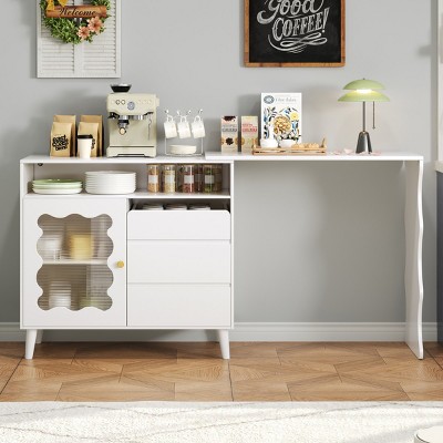 41"-79" LED Extendable Sideboard Buffet Cabinet,White Wood Storage Cabinet with Drawers,Microwave Stand for Kitchen,Dining Room-Maison Boucle