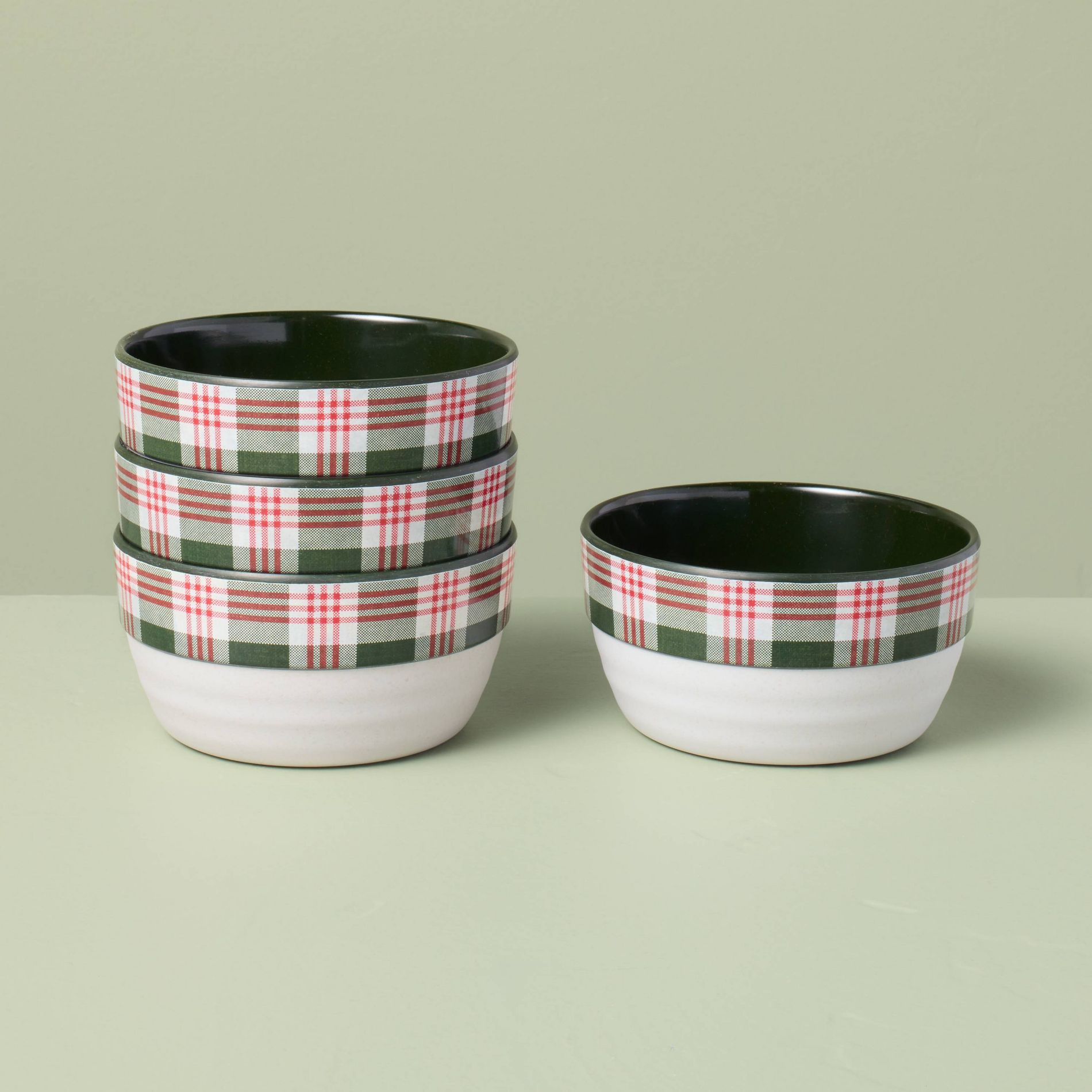 4ct 11.5 fl oz Melamine Mini Bowls Christmas Green Plaid - Hearth & Hand™ with Magnolia