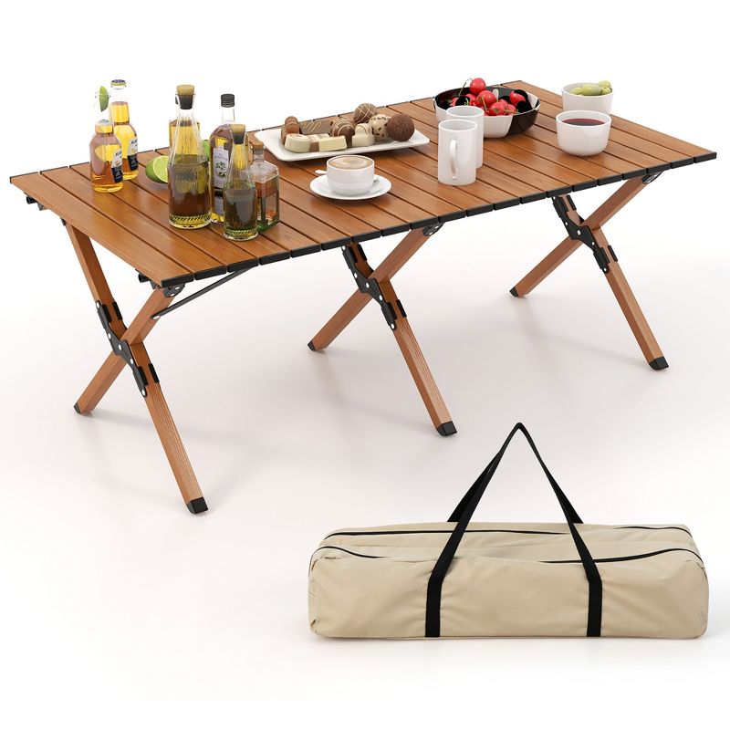 Costway Folding Aluminum Camping Table with  Carry Bag Roll-Up Picnic Table with  Wood Grain, 1 of 11