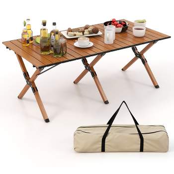 Costway Folding Aluminum Camping Table with  Carry Bag Roll-Up Picnic Table with  Wood Grain