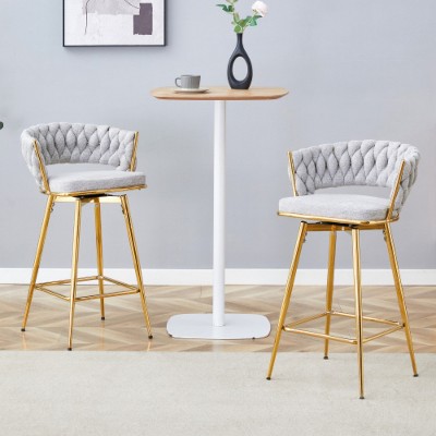 White 2-pack swivel bar stools with breathable cotton-linen cushions and rust-proof electroplated metal frames.