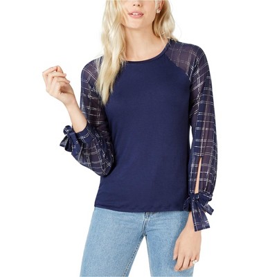 maison Jules Womens Plaid Sleeve Knit Blouse