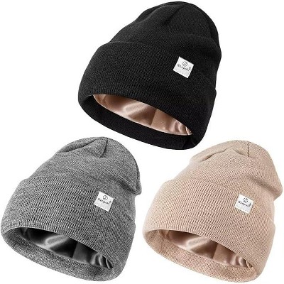 SENPUKI 3 Pack Satin Lined Winter Beanie Hats for Women Men,Silk Lined Beanie Knit Soft Warm Cuffed Hat