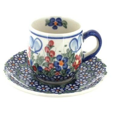 Blue Rose Polish Pottery Garden Butterfly Espresso Cup & Saucer