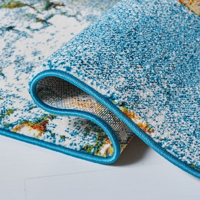 Blue and Gold Abstract Square Synthetic Area Rug