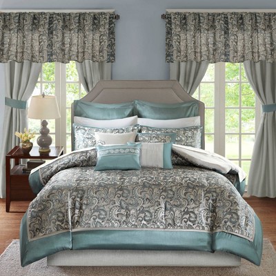 Madison Park 24pc Queen Isabella Room in a Bag Teal: Polyester Paisley Bedding Ensemble with Faux Silk Window Treatments — фото 2