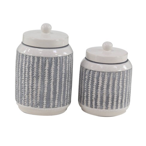 Set Of 2 Modern Ribbed Stoneware Jars White - Olivia & May : Target