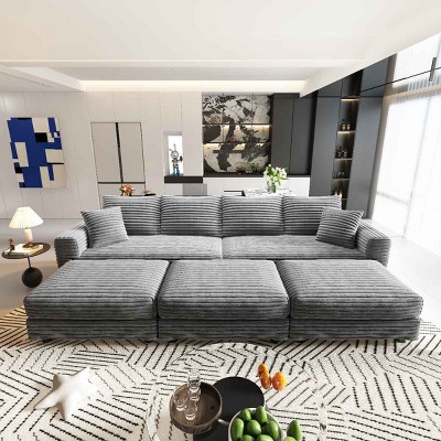 102.4 Inch Convertible Lounge Sofa with 3 Ottomans, 4-Seat Cloud Couch with Cushions, Corduroy Lounge Sofa with Wood Frame-Coolbibila