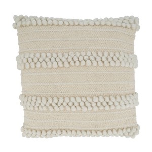18"x18" Striped Design with Pom-Poms Square Throw Pillow Cover Ivory - Saro Lifestyle: Bohemian Hand Wash Zipper Closure - 1 of 4
