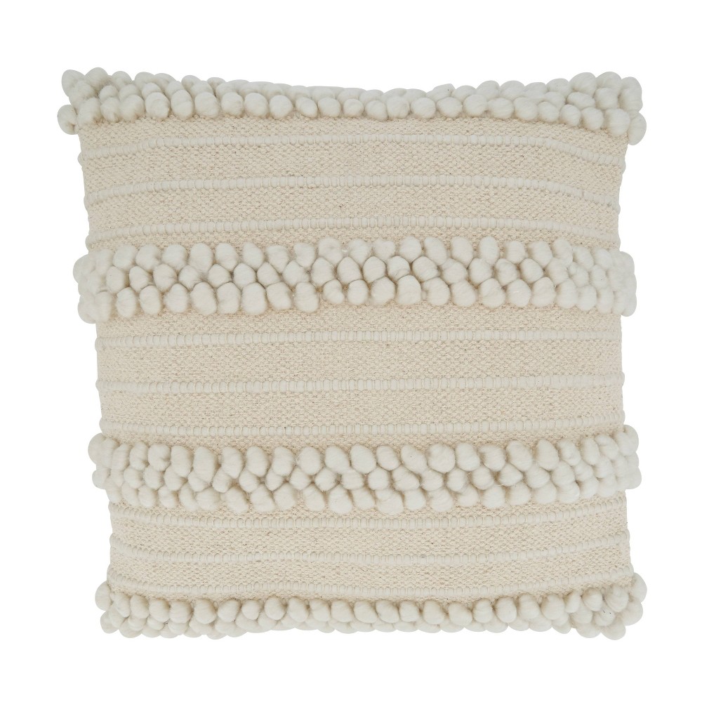Photos - Pillowcase 18"x18" Striped Design with Pom-Poms Square Throw Pillow Cover Ivory - Sar