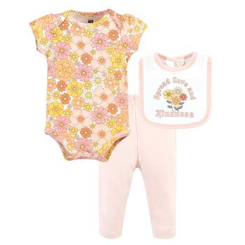 Hudson Baby Infant Girl Cotton Bodysuit, Pant and Bib Set, Peace Love Flowers