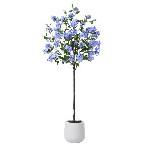 4FT/5FT Artificial Blue Plumbago Tree in White Planter: Indoor Decor Faux Plant with Blue-White Flowers for Home & Office - 1 of 4