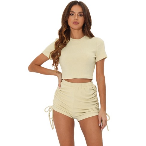 Women's Two-Piece Sets Solid Color Loose Fit Long Sleeve Top And Shorts Outfit