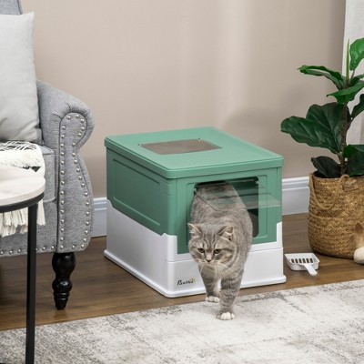 Green and White Enclosed Cat Litter Box with Scoop