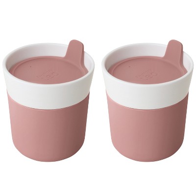 BergHOFF LEO 2Pc Heat-resistant Porcelain Travel Mugs 3.5" x 4" 8.4oz., Drinking Rim, Sipping Hole, Silicone Lid, Microwave Safe, Pink