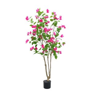 Artificial Bougainvillea Tree, 5ft Tall Faux Blooming Tree with Flowers and Leaves in Pot Fake Floor Plant Green - 1 of 4