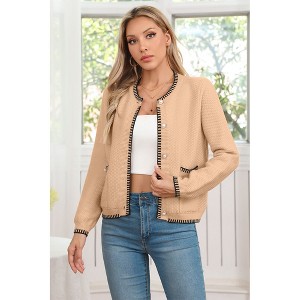 V For City Women's Tweed Jacket Cardigan Blazers Round Neck Long Sleeve Button Down Sweater Coat with Pockets - 1 of 4