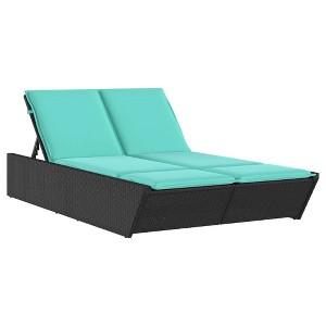 vidaXL Double Sun Lounger - Black Poly Rattan, Adjustable Backrest, Turquoise Cushions, Outdoor Patio/Garden Furniture 46.5” x 78.7” - 1 of 4