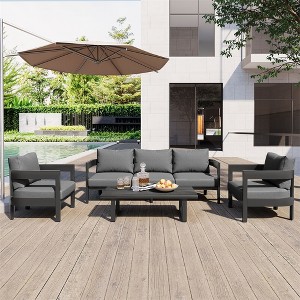 ELJGET 4 Pieces Patio Furniture Set with Cushions, Outdoor Iron Conversation Set for Poolside Backyard - 1 of 4