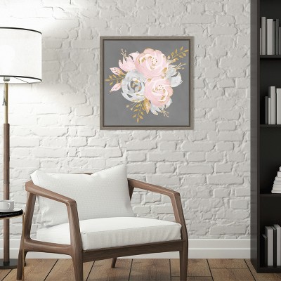 Floral Bouquet on Gray Canvas Wall Art with Golden Accents