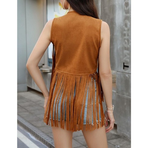 Whizmax Women s Fringe Vest 70s Hippie Faux Suede Rivets Sleeveless Costume Fringe Jacket Light Coffee 2XL